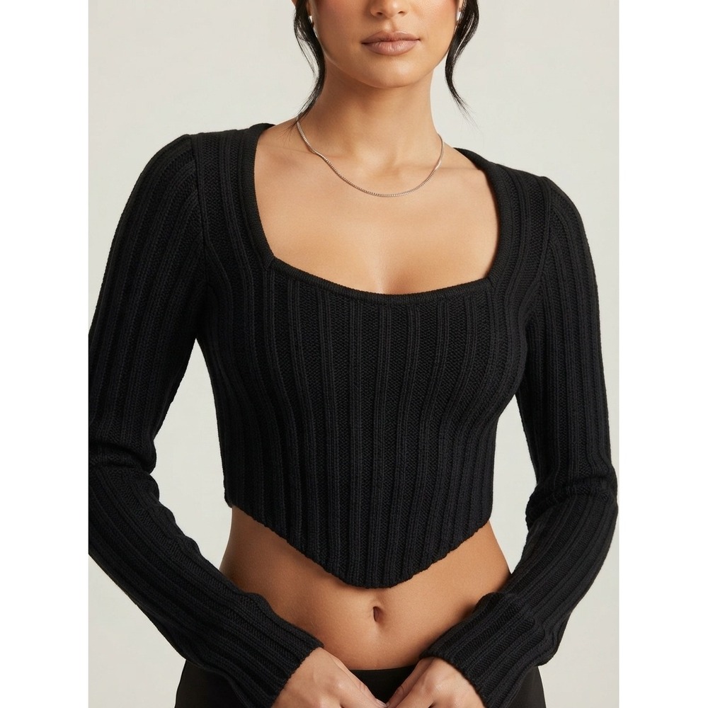 Kendall & Kylie Ribbed Corset Knit Top Long Sleeve Square Neck Black Small